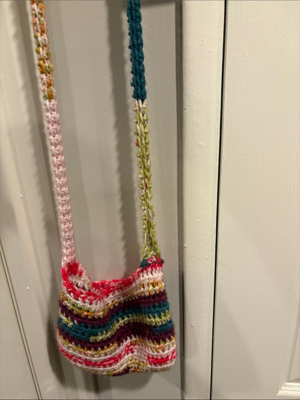 Handmade Multicolor Crochet Crossbody Bag - Pink, Teal, Green, Burgundy
